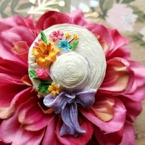 Flowers on hat brooch with bow pin Easter Bonnet floral cute